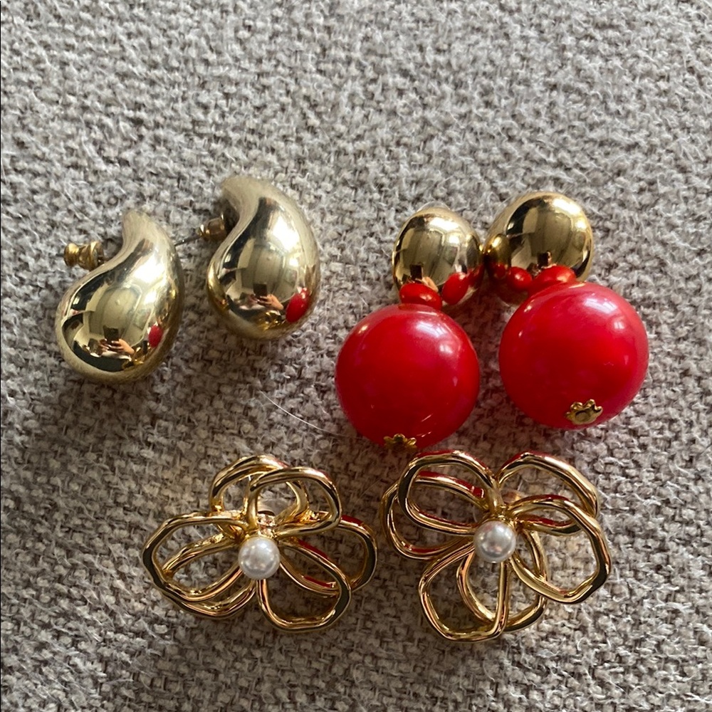 3 pairs of earring Gold and Red Earrings Set